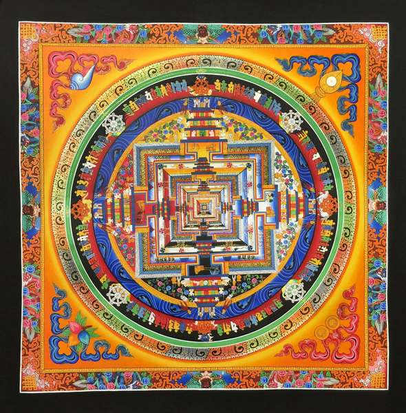 Tibetan Thangka Of Dragon Border Kalachakra Mandala, [24k Real Gold]