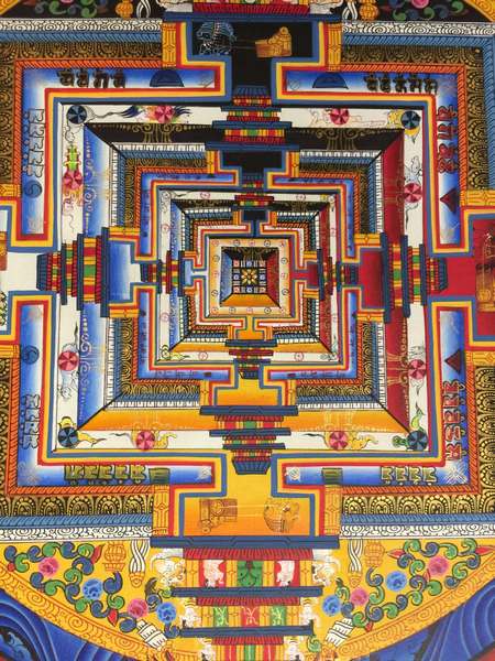 Tibetan Thangka Of Dragon Border Kalachakra Mandala, [24k Real Gold]