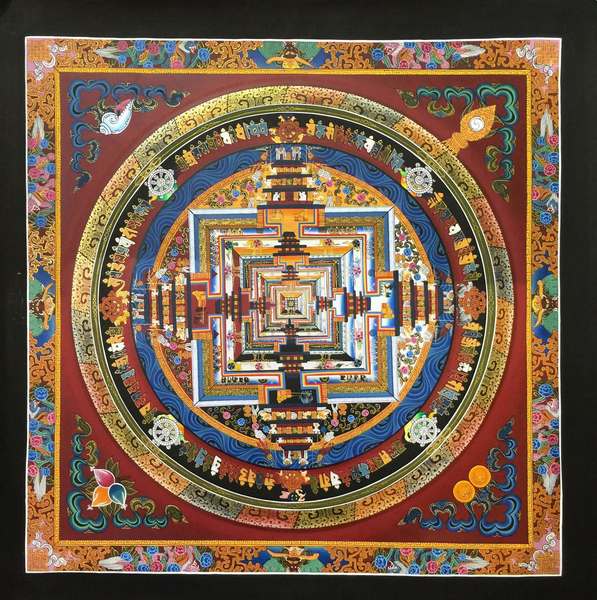 Tibetan Thangka Of Dragon Border Kalachakra Mandala, [24k Real Gold]