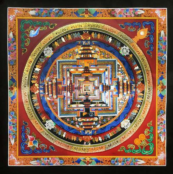 Tibetan Thangka Of Dragon Border Kalachakra Mandala, [24k Real Gold]