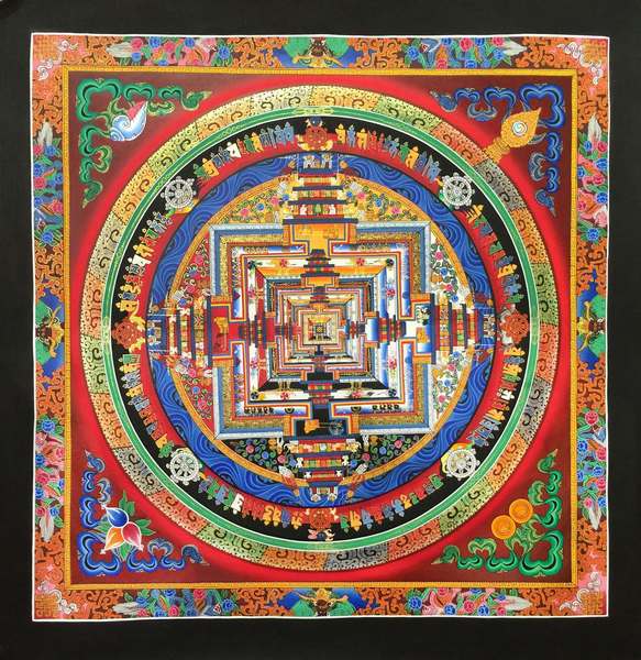 Tibetan Thangka Of Dragon Border Kalachakra Mandala, [24k Real Gold]
