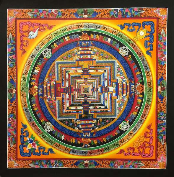 Tibetan Thangka Of Kalachakra Mandala, [24k Real Gold]