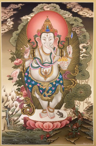 [master Quality] Newari Paubha Of Standing Ganesh With [24k Gold], [rare Find]