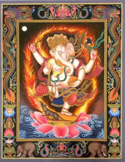[master Quality] Newari Paubha Of Dancing Ganesh With [24k Gold] And [mineral Colors], [rare Find]