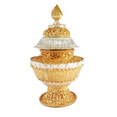 [hq], Dophor, Nesi, Vessel For Offering Rice With Deep Carving, [gold And Silver Plated], Rice Offering