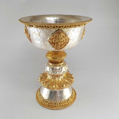 [hq], [medium] Copper Butter Lamp, Buddhist Ritual Items, [gold And Silver Plated]