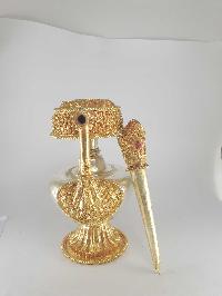 [hq], [extra Large] Copper Bhumpa- Bhumba, Fine Carving, [gold And Silver Plated]