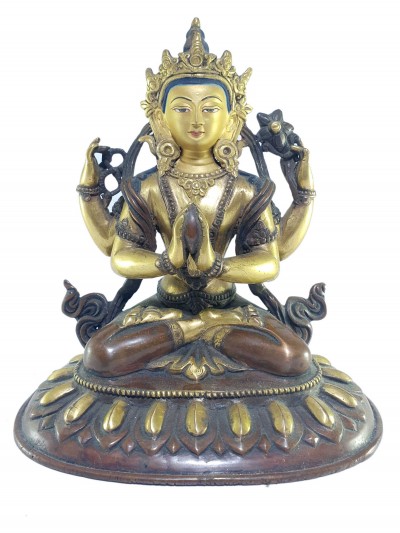 [old Stock], Tibetan Statue Of Avalokiteshvara, Chenrezig [partly Gold Gilded]