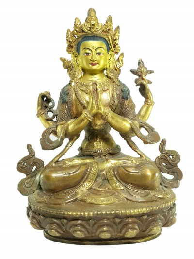 [old Stock] Statue Of Chenrezig [partly Gold Plated], [painted Face]