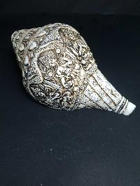 Tibetan Conch Shell With Manjushri, Green And White Tara, Chenrezig And Aparimita [hand Carved]