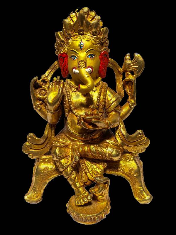 [monastery Quality] Statue Of Ganesh, [full Gold Plated], [painted Face]