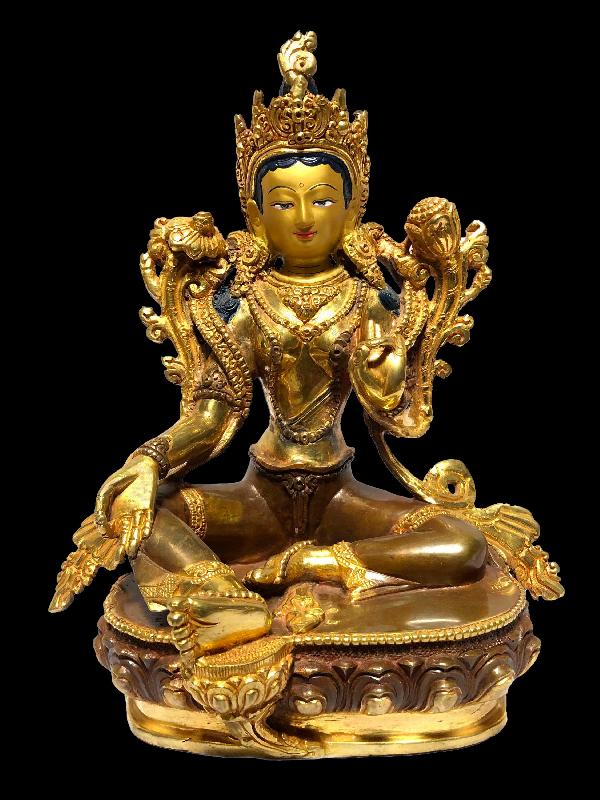 [monastery Quality] Statue Of Green Tara, [partly Gold Plated], [painted Face]