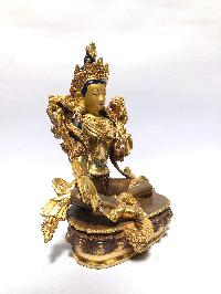 [monastery Quality] Statue Of Green Tara, [partly Gold Plated], [painted Face]