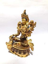 [monastery Quality] Statue Of Green Tara, [partly Gold Plated], [painted Face]