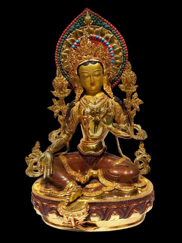 [monastery Quality] Buddhist Statue Of Green Tara [full Fire Gold Plated], [painted Face]