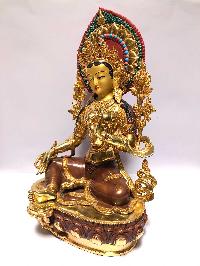 [monastery Quality] Buddhist Statue Of Green Tara [full Fire Gold Plated], [painted Face]