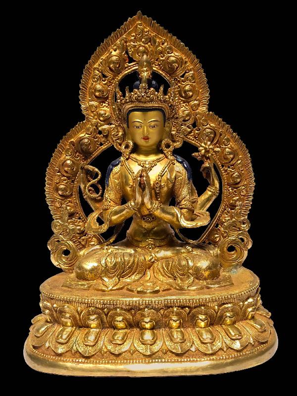 [monastery Quality] Buddhist Statue Of Chenrezig [full Fire Gold Plated], [painted Face]