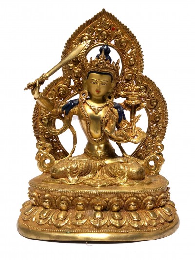 [monastery Quality] Buddhist Statue Of Manjushri [full Fire Gold Plated], [painted Face]