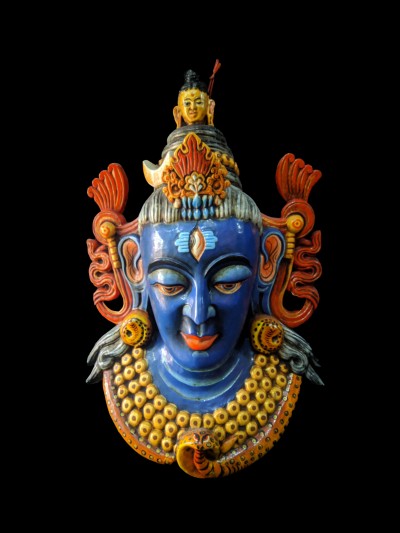 Handmade Wooden Mask Of Mahadev, [painted Blue], Poplar Wood