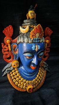 Handmade Wooden Mask Of Mahadev, [painted Blue], Poplar Wood