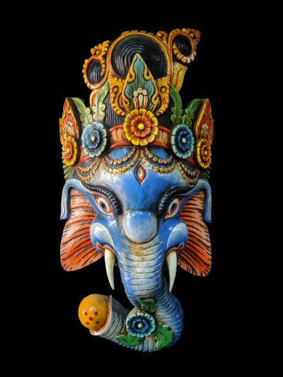 Ganesh Mask, Handmade Wooden Mask Of Ganesh, [painted Blue], Poplar Wood