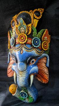 Ganesh Mask, Handmade Wooden Mask Of Ganesh, [painted Blue], Poplar Wood