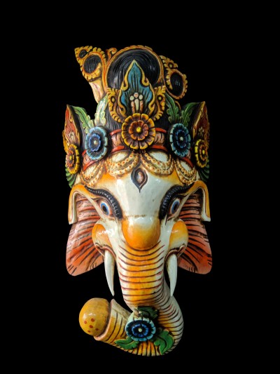 Ganesh Mask, Handmade Wooden Mask Of Ganesh, [painted White], Poplar Wood