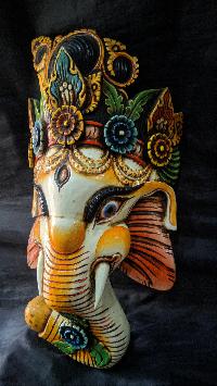 Ganesh Mask, Handmade Wooden Mask Of Ganesh, [painted White], Poplar Wood