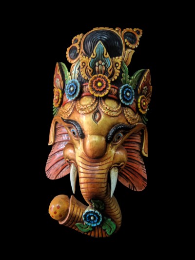 Ganesh Mask, Handmade Wooden Mask Of Ganesh, [painted Golden], Poplar Wood