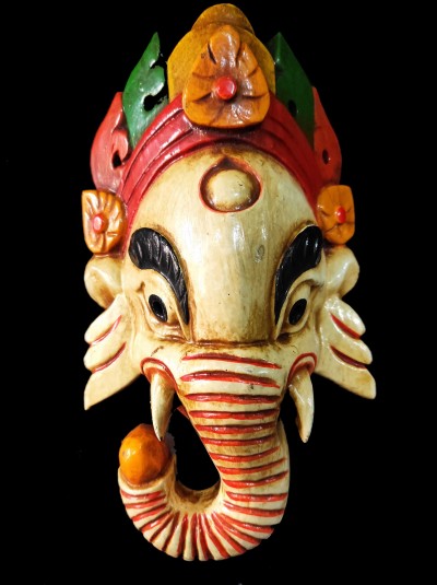 Ganesh Mask, Handmade Wooden Mask Of Ganesh, [painted White], Poplar Wood