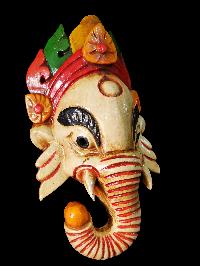 Ganesh Mask, Handmade Wooden Mask Of Ganesh, [painted White], Poplar Wood
