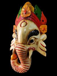 Ganesh Mask, Handmade Wooden Mask Of Ganesh, [painted White], Poplar Wood