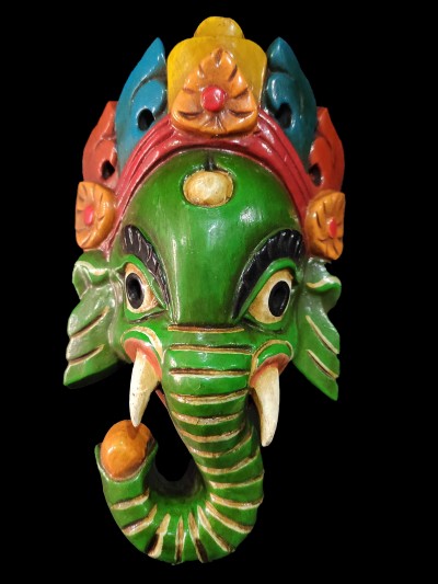 Ganesh Mask, Handmade Wooden Mask Of Ganesh, [painted Green], Poplar Wood