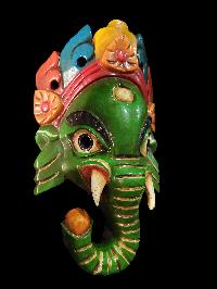 Ganesh Mask, Handmade Wooden Mask Of Ganesh, [painted Green], Poplar Wood