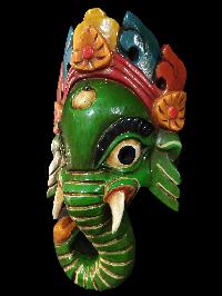 Ganesh Mask, Handmade Wooden Mask Of Ganesh, [painted Green], Poplar Wood