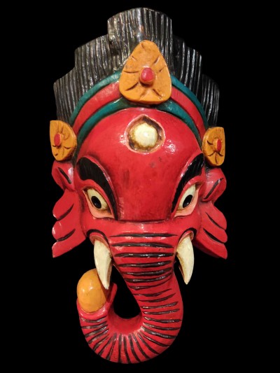 Ganesh Mask, Handmade Wooden Mask Of Ganesh, [painted Red], Poplar Wood
