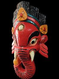 Ganesh Mask, Handmade Wooden Mask Of Ganesh, [painted Red], Poplar Wood