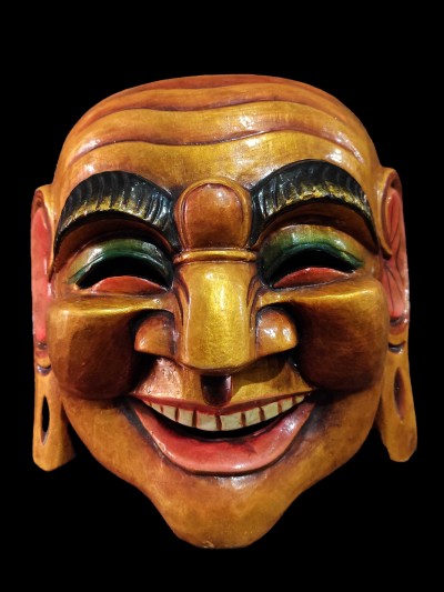 Handmade Wooden Mask Of Laughing Buddha, [paintedorange], Poplar Wood