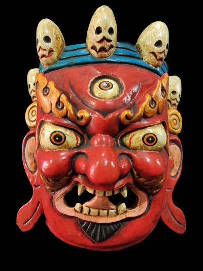 Mahakala Mask, Handmade Wooden Mask, [painted Red], Poplar Wood