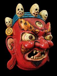 Mahakala Mask, Handmade Wooden Mask, [painted Red], Poplar Wood