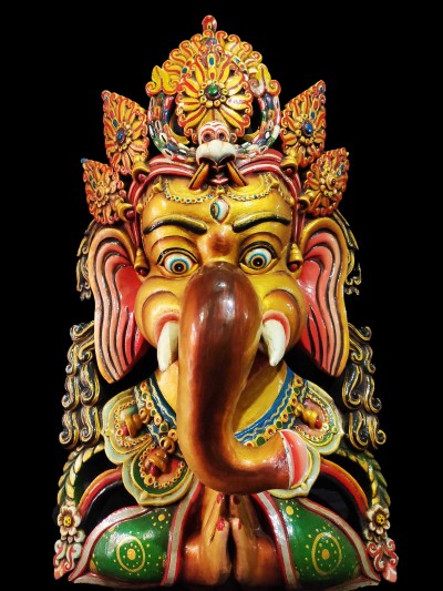Handmade Wooden Mask Of Namaste Ganesh, [painted Yellow], Poplar Wood