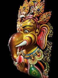 Handmade Wooden Mask Of Namaste Ganesh, [painted Yellow], Poplar Wood