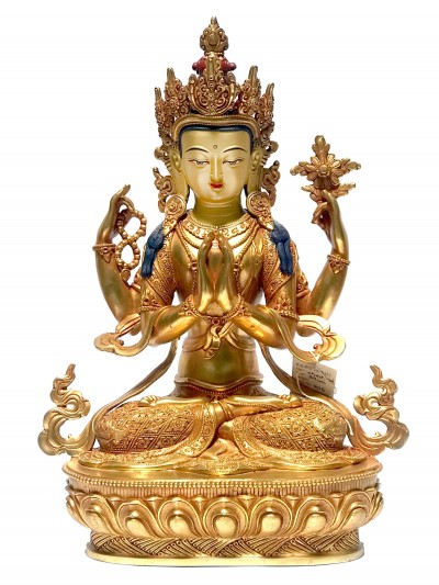 [monastery Quality] Statue Of Chenrezig - Avalokiteshvara - Kharcheri, [fire Full Gold Plated], With [painted Face]