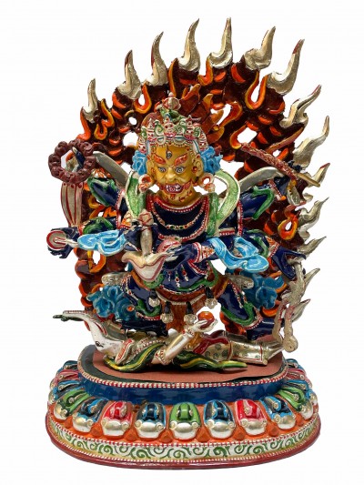 Nepali Statue Of Black Mahakala 6 Arms, [copper Gold Plated]