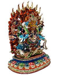 Nepali Statue Of Black Mahakala 6 Arms, [copper Gold Plated]
