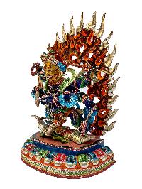 Nepali Statue Of Black Mahakala 6 Arms, [copper Gold Plated]