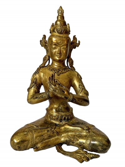 Nepali Statue Of Bodhisattva, [copper Gold Plated], [antique Finishing]