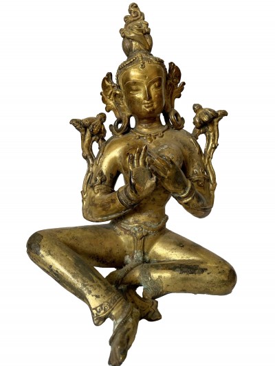 Nepali Statue Of Green Tara, [copper Gold Plated], [antique Finishing]