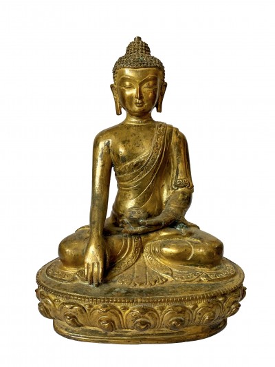 Nepali Statue Of Shakyamuni Buddha, [copper Gold Plated], [antique Finishing]
