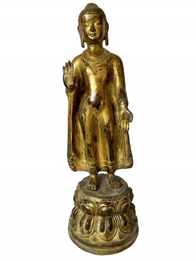 Nepali Statue Of Dipankara Buddha, [copper Gold Plated], [antique Finishing]
